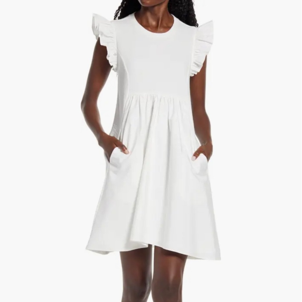 English Factory Mixed Media White Ruffle Sleeve Dress NWOT